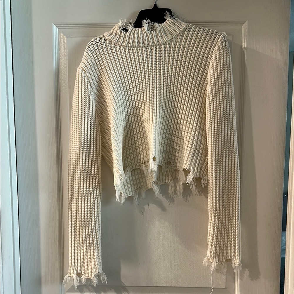 Love Tree Cream Cowl Neck Sweater with Frayed Hem